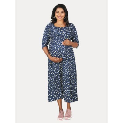 Maternity Nightie Short with Free Mask (Elyn Dark Blue)