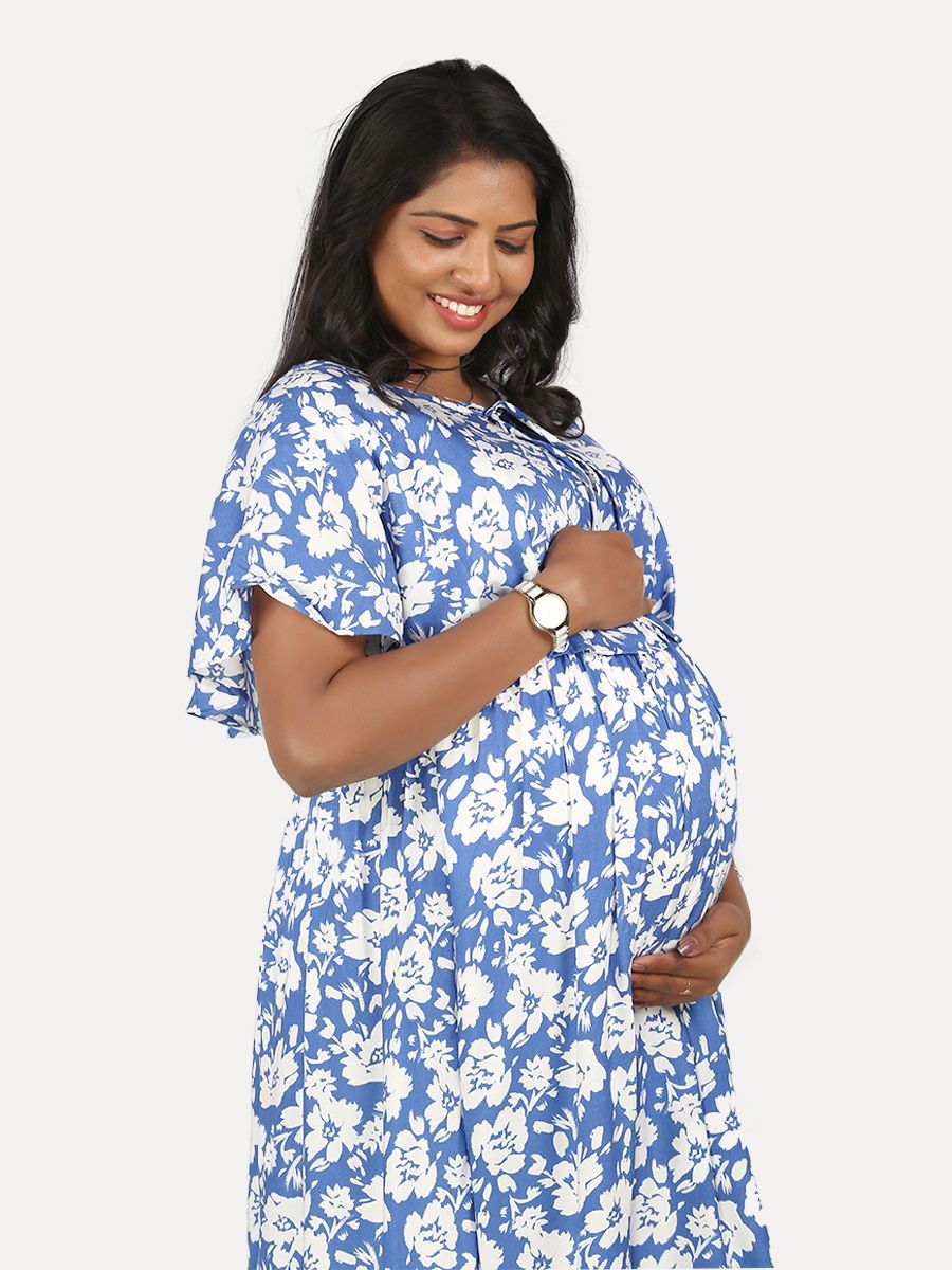 Maternity Nightie Short with Free Mask (Fin Blue)