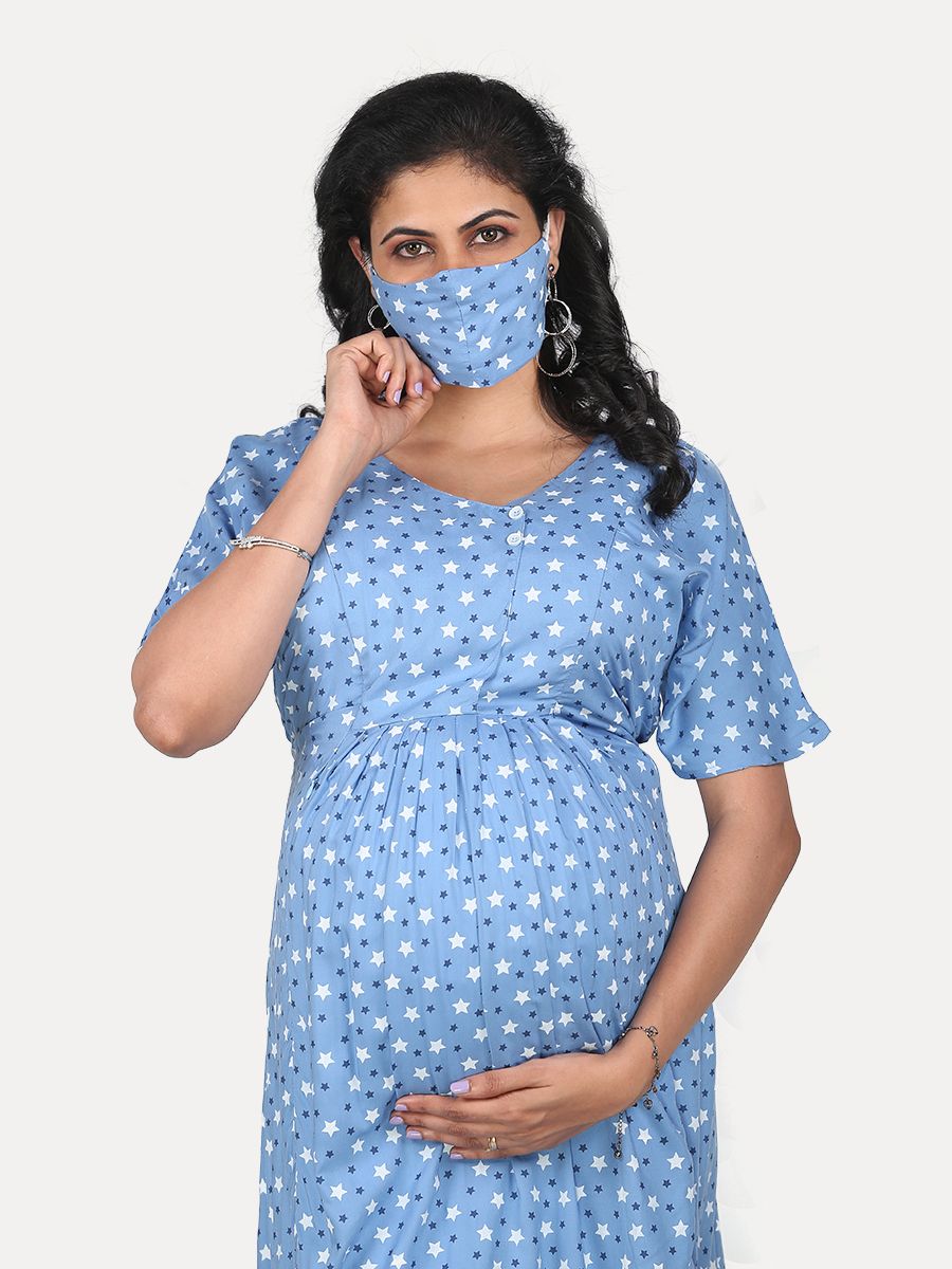 Maternity Midi Dress with Free Mask (Avina Blue)