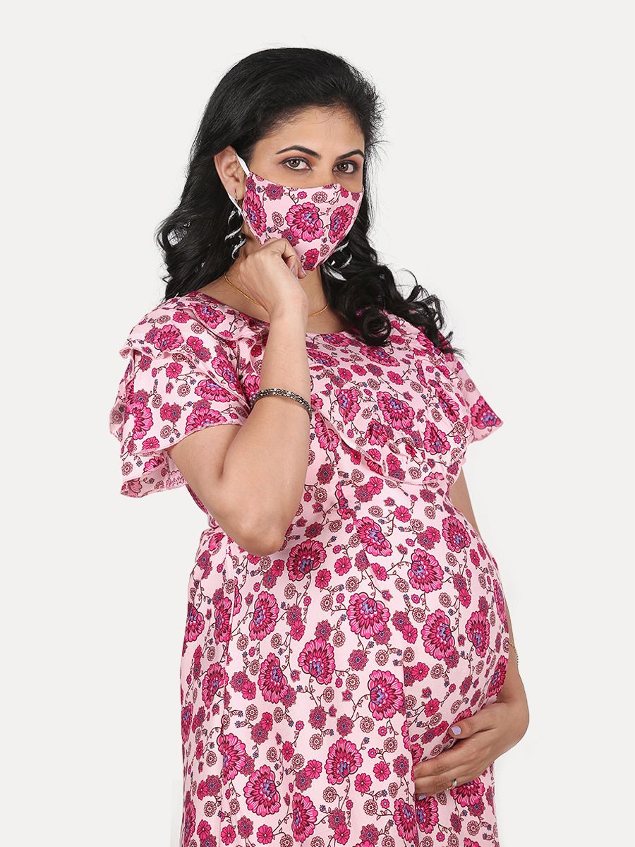 Maternity Midi Dress with Free Mask (Evely Pink)
