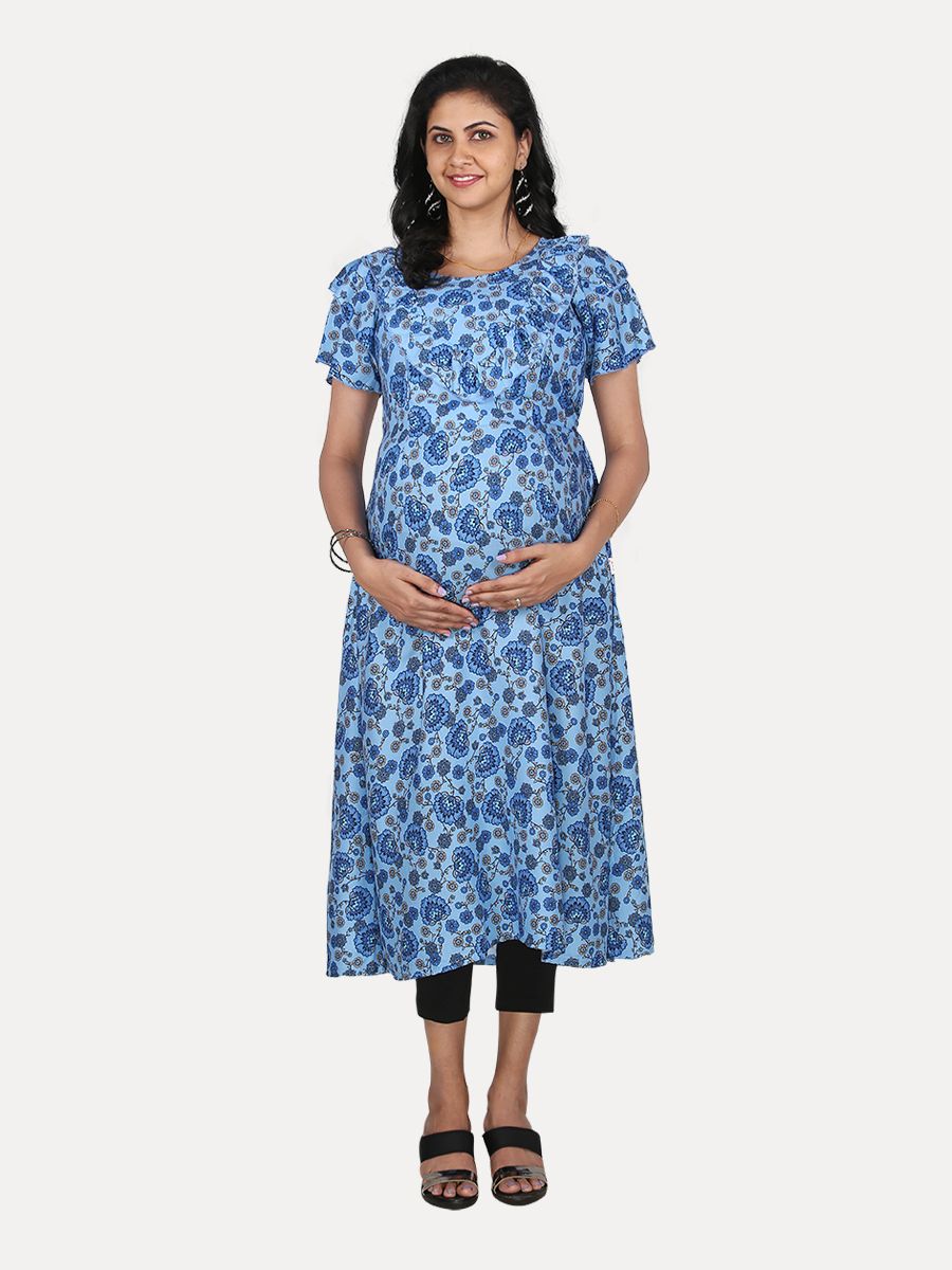 Maternity Midi Dress with Free Mask (Evely Blue)