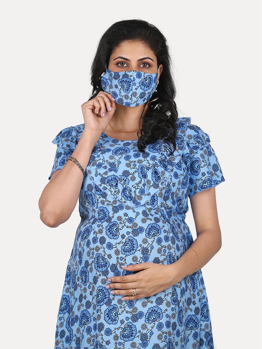 Maternity Midi Dress with Free Mask (Evely Blue)