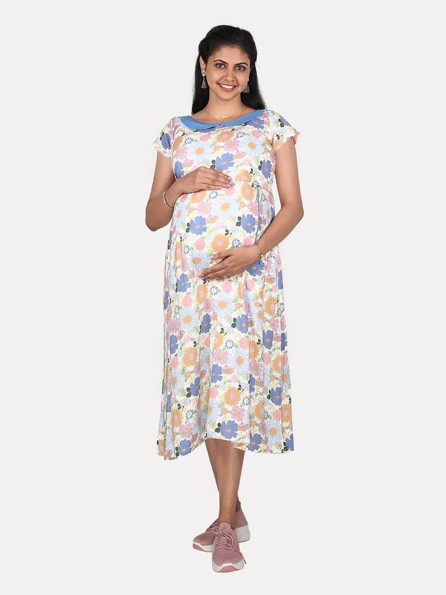 Maternity Midi Dress with Free Mask (Poppy White)
