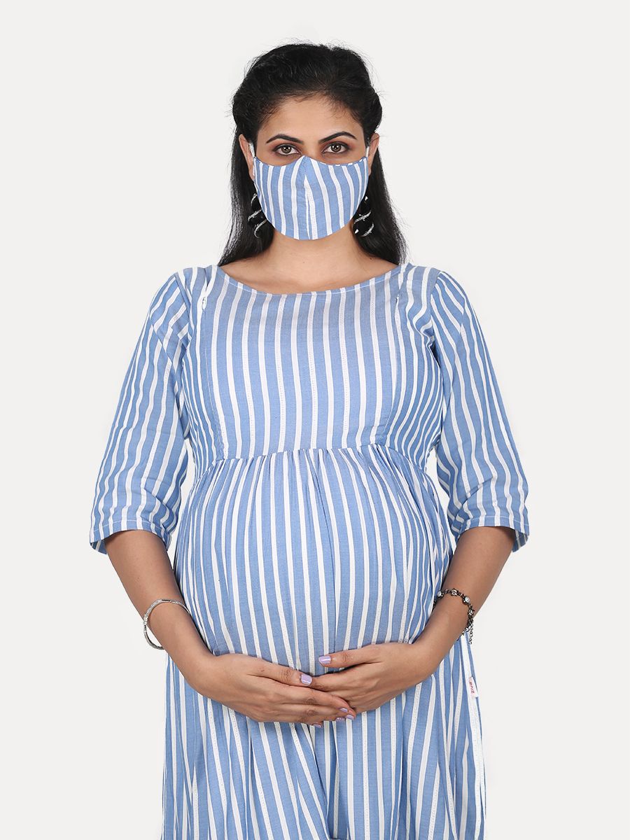 Nursing Midi Dress with FREE MASK(Ari Blue)