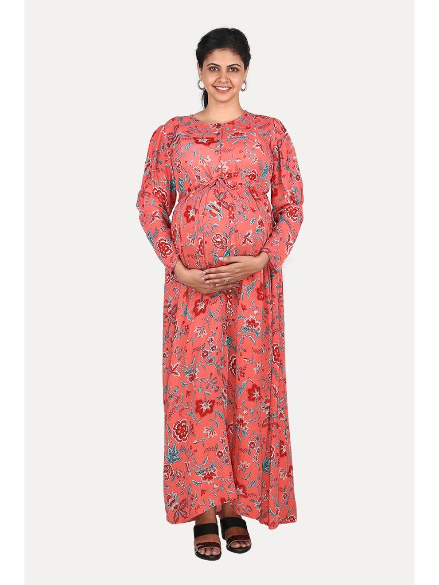 Maternity Maxi Dress with FREE MASK(Lamis Red)