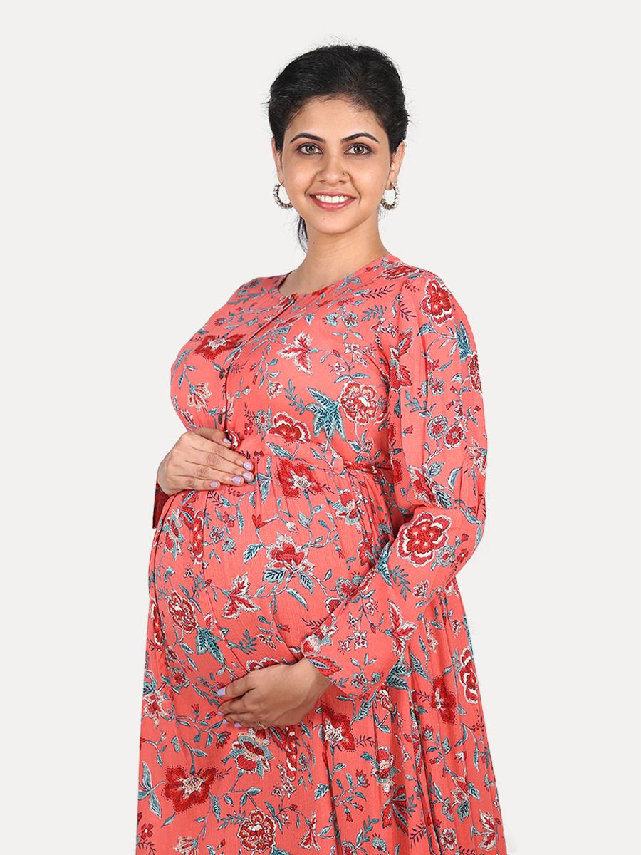 Maternity Maxi Dress with FREE MASK(Lamis Red)