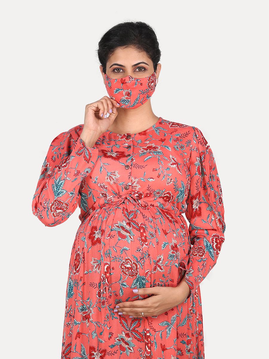 Maternity Maxi Dress with FREE MASK(Lamis Red)