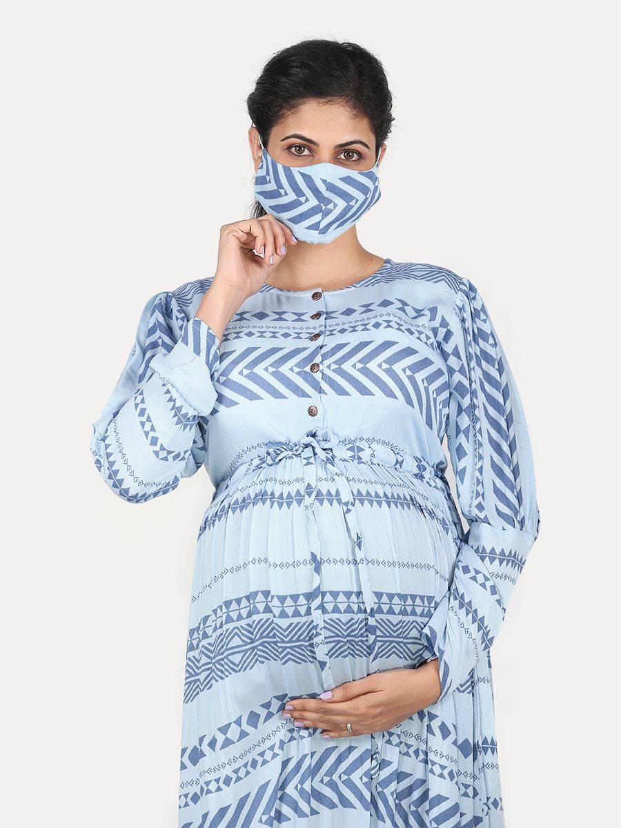 Maternity Maxi Dress with Free Mask (Lamis Blue )