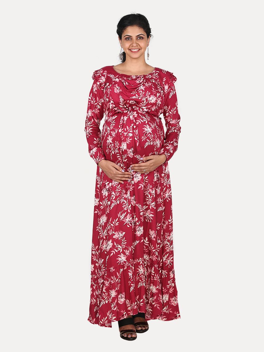 Nursing Maxi Dress with FREE MASK(Flame Red)