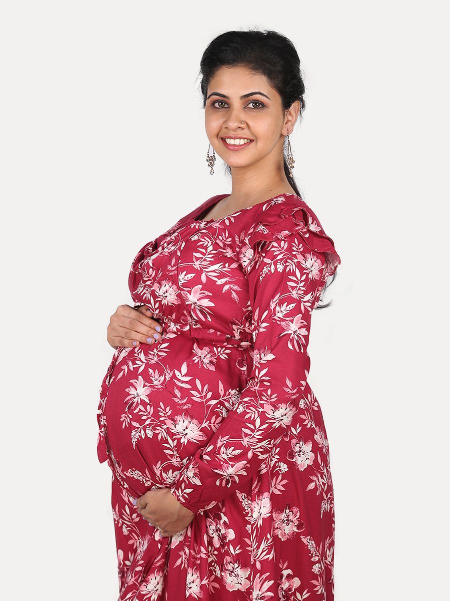 Nursing Maxi Dress with FREE MASK(Flame Red)