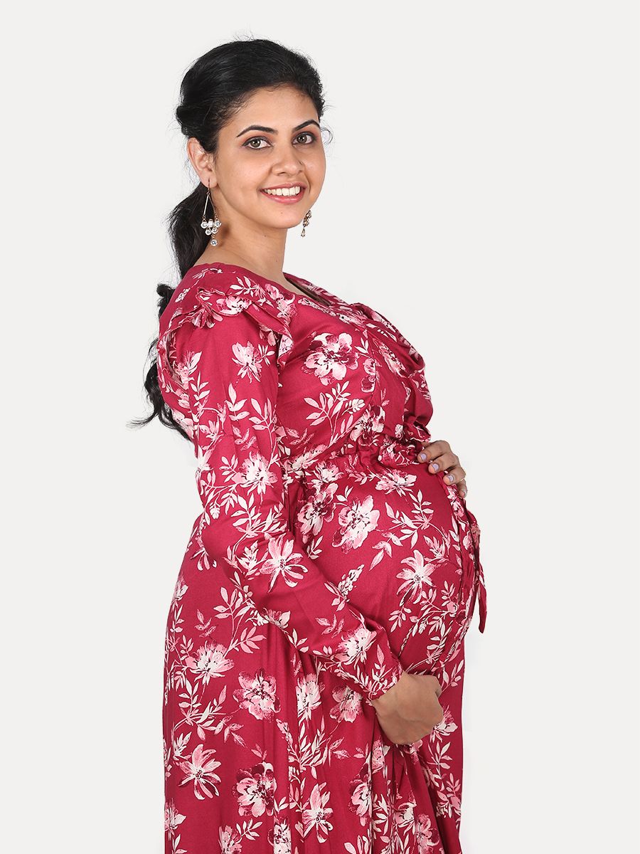 Nursing Maxi Dress with FREE MASK(Flame Red)