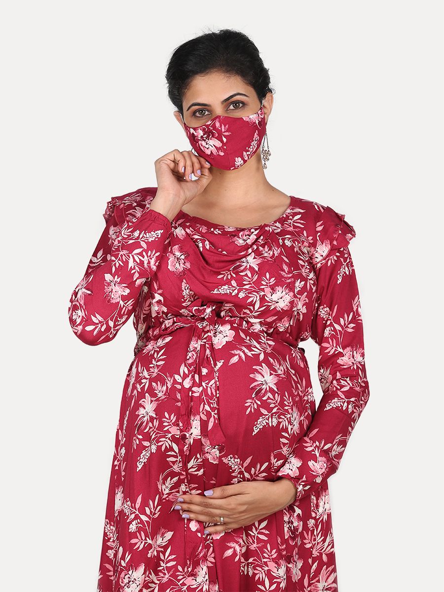 Nursing Maxi Dress with FREE MASK(Flame Red)
