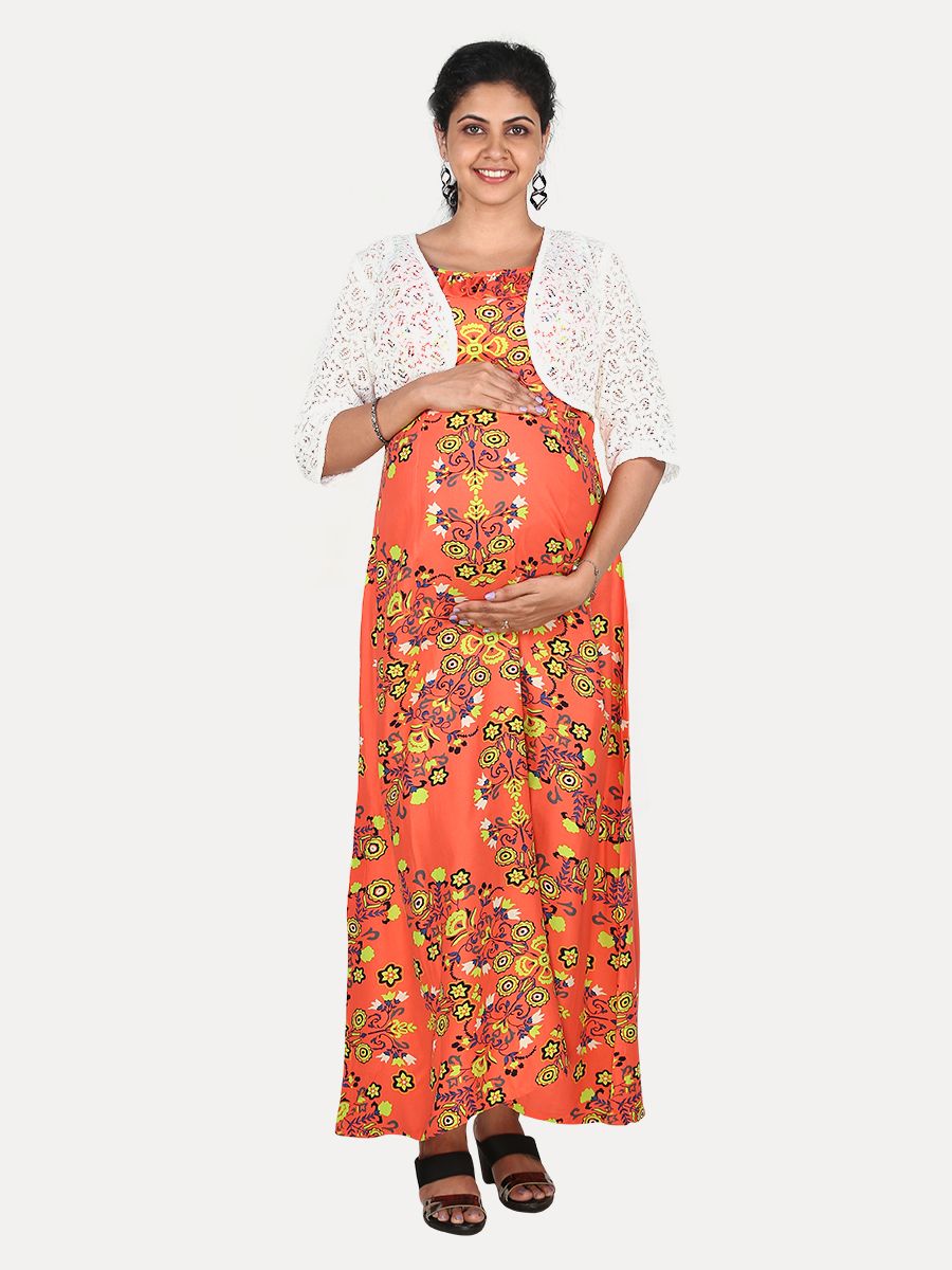 Maternity Maxi Dress with Free Mask (Hiral Orange)