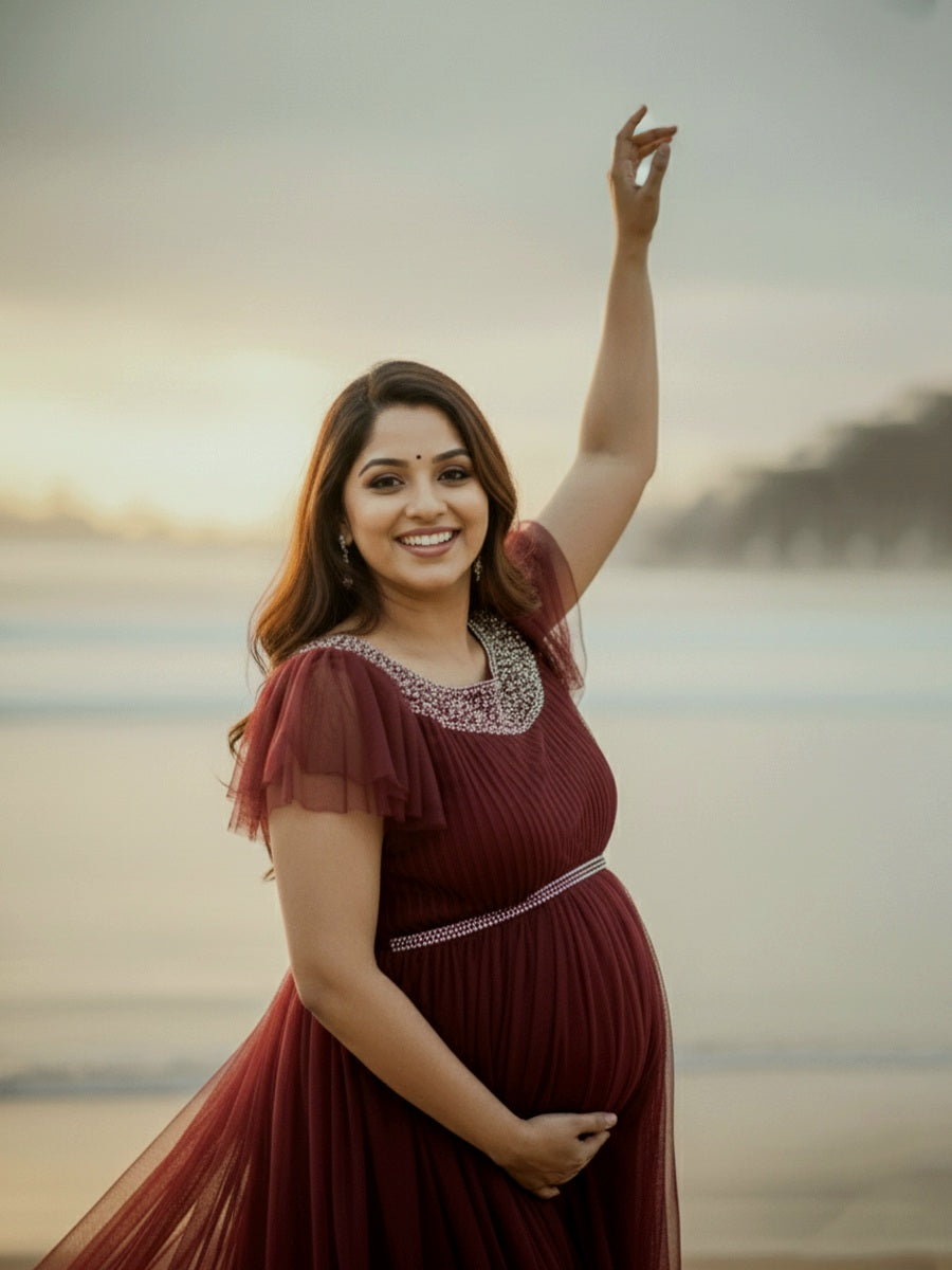 ZIVA Graceful Brown Maternity Baby Shower & Photoshoot Gown with D-Net Flutter Sleeves