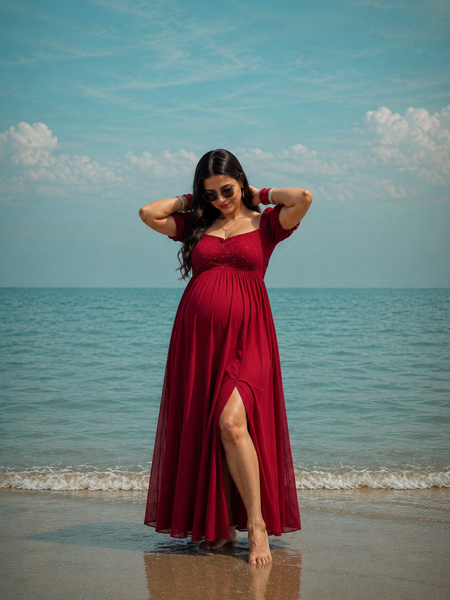 Ziva Cherry Red Multipurpose Maternity Photoshoot & Baby Shower Gown | Full-Length Gown