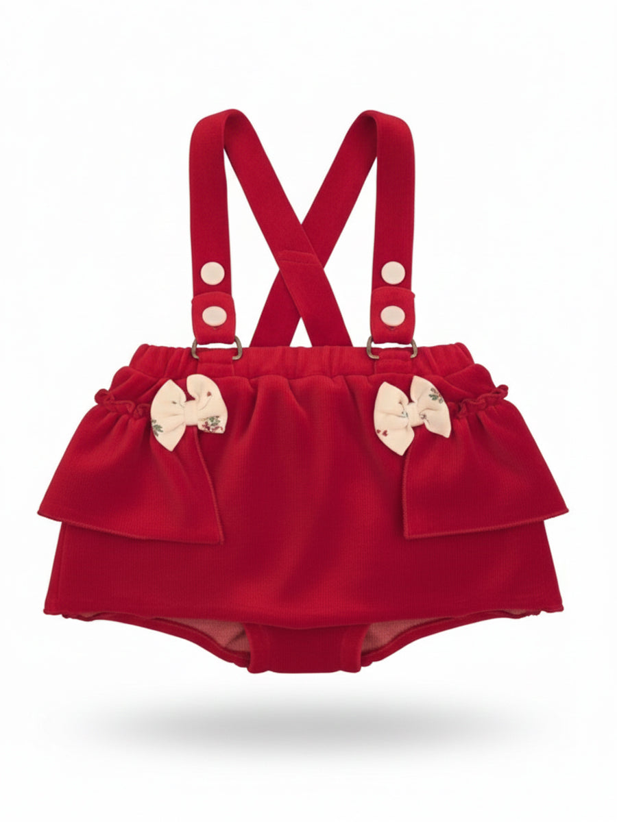 White Ruffle Sleeve T-Shirt & Red Velvet Suspender Skirt Baby Girl Outfit
