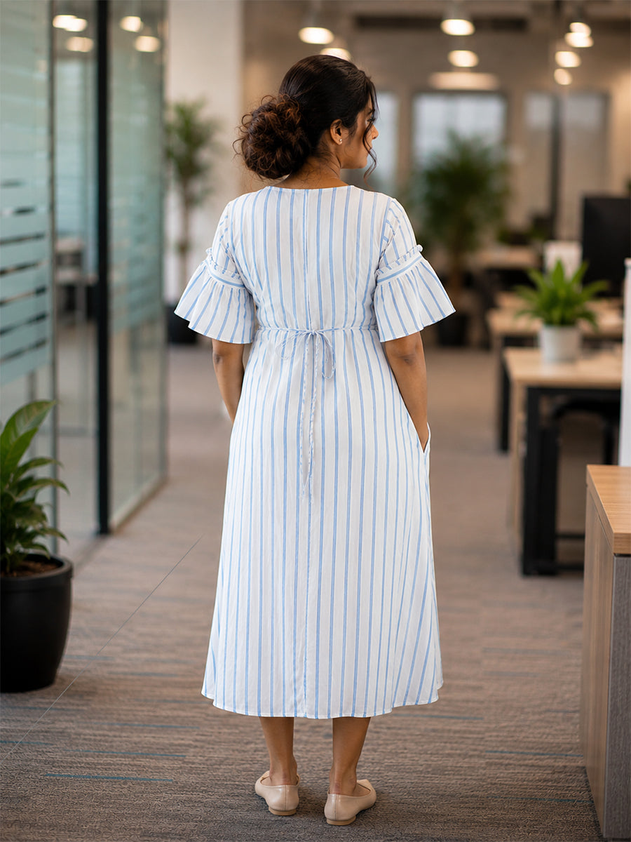 Ziva Maternity & Feeding Premium Rayon Dress with Decorative Neckline, Adjustable Side Ties & Pocket – White with Blue Stripes