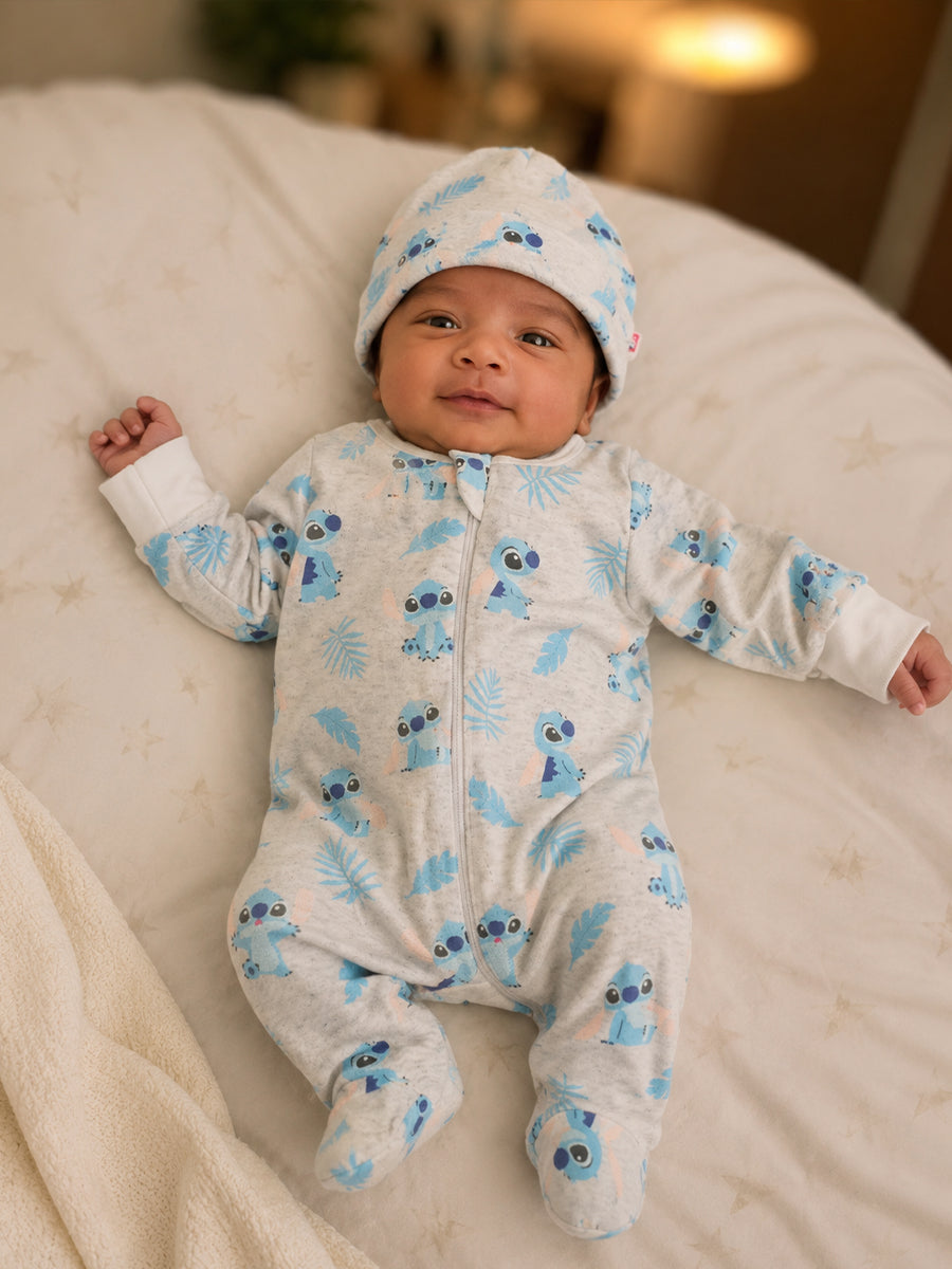 Ziva Knitted Cotton Baby Sleepsuit with Cap – Cartoon Character & Tropical Leaf Print | Heather Grey & Sky Blue
