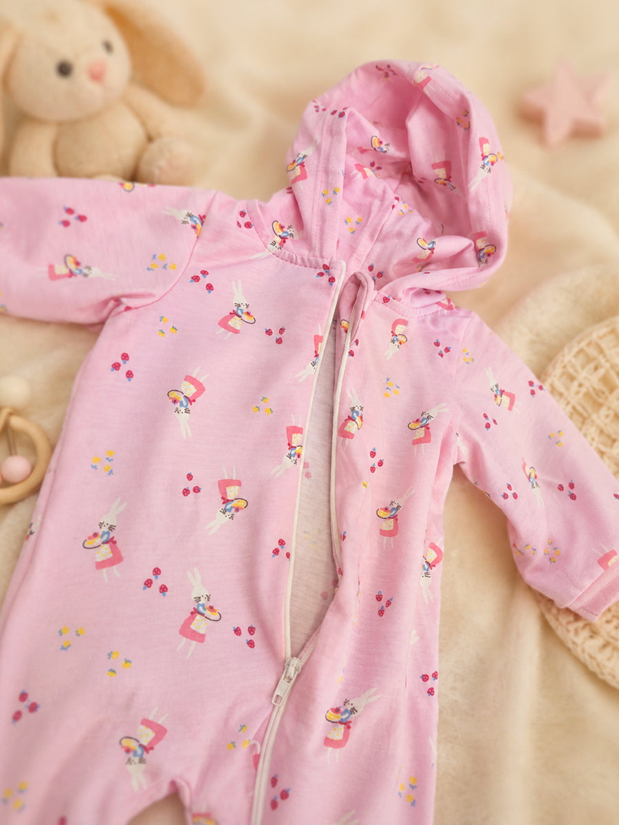 Ziva Hooded Knitted Cotton Baby Sleepsuit – Bunny Girl Print | Baby Pink