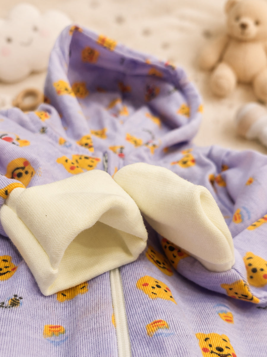 Ziva Hooded Knitted Cotton Baby Sleepsuit – Teddy & Koala Print | Soft Lavender Purple