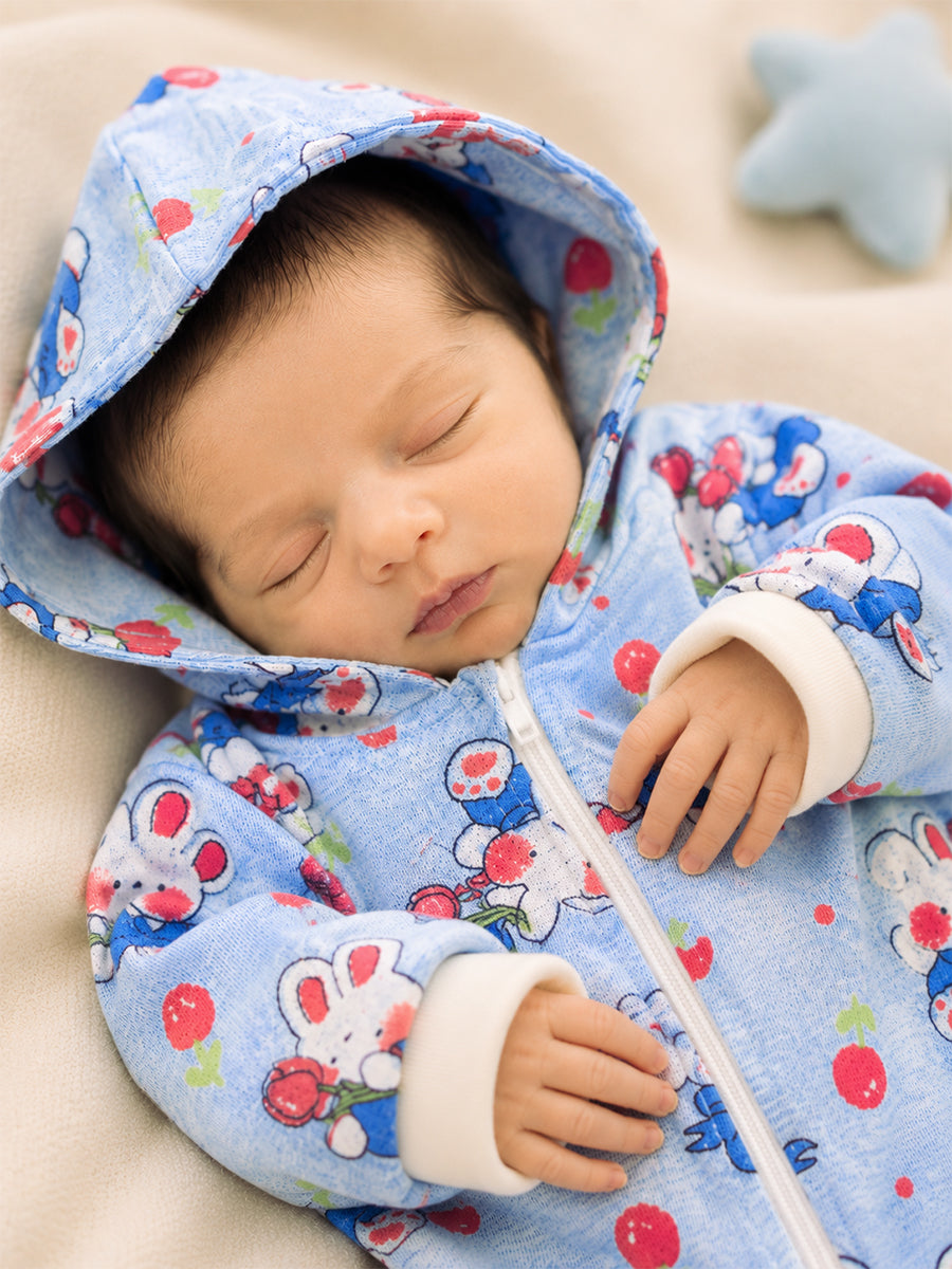 Ziva Hooded Knitted Cotton Baby Sleepsuit  – Bunny & Cherry Friends Print | Baby Blue