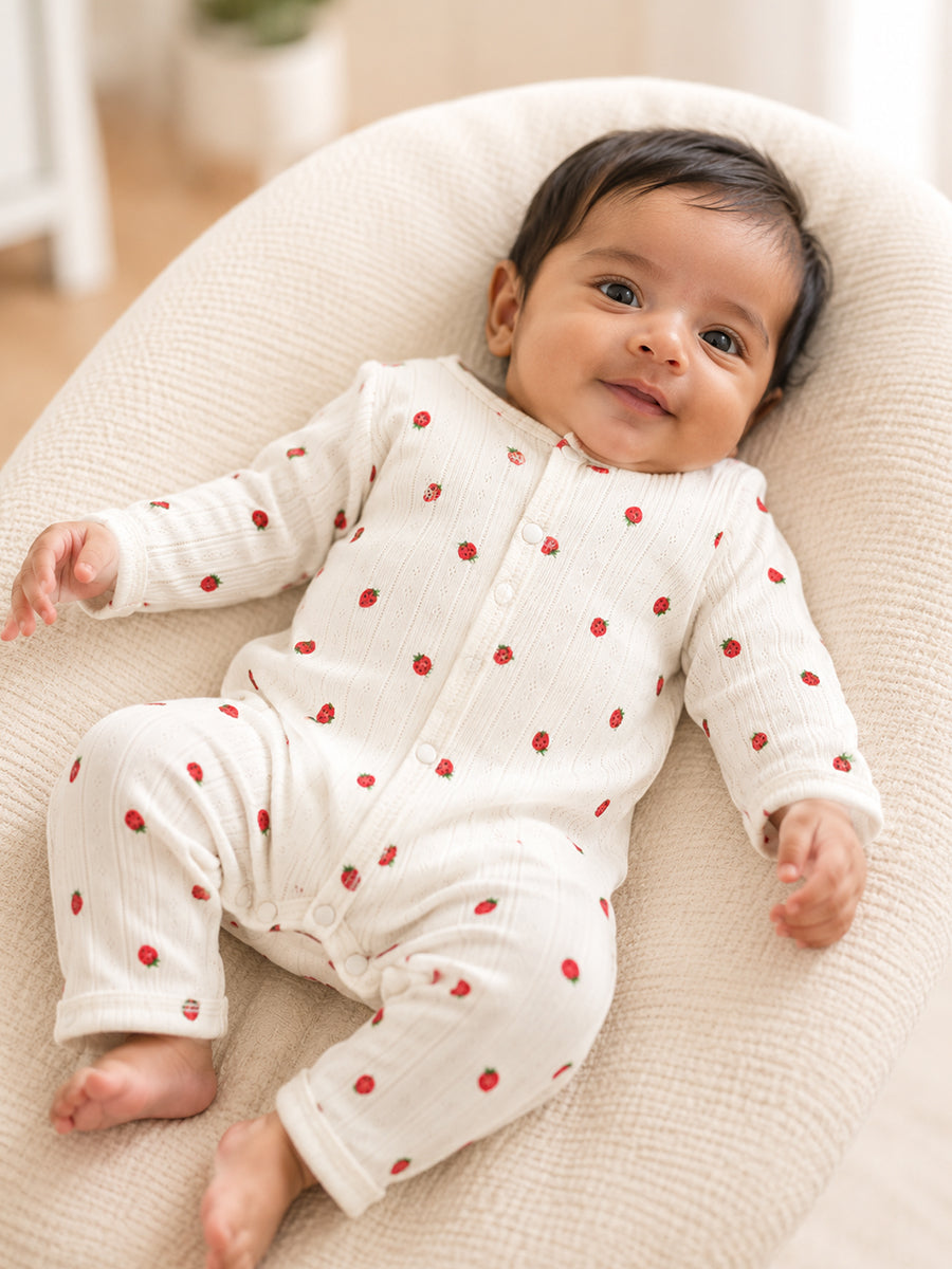 Ziva Baby Jumpsuit – Warm Cream | Tiny Strawberry Pointelle Print | Knitted Cotton Pointelle | Front Open Snap Button