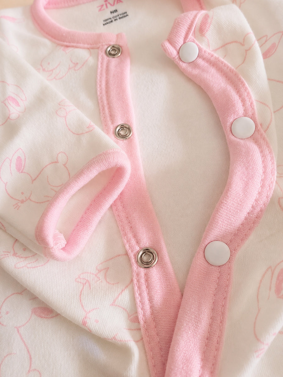Ziva Baby Jumpsuit – Off White | Tiny Bunny Sketch Print | Premium Knitted Cotton | Front Open Snap Button