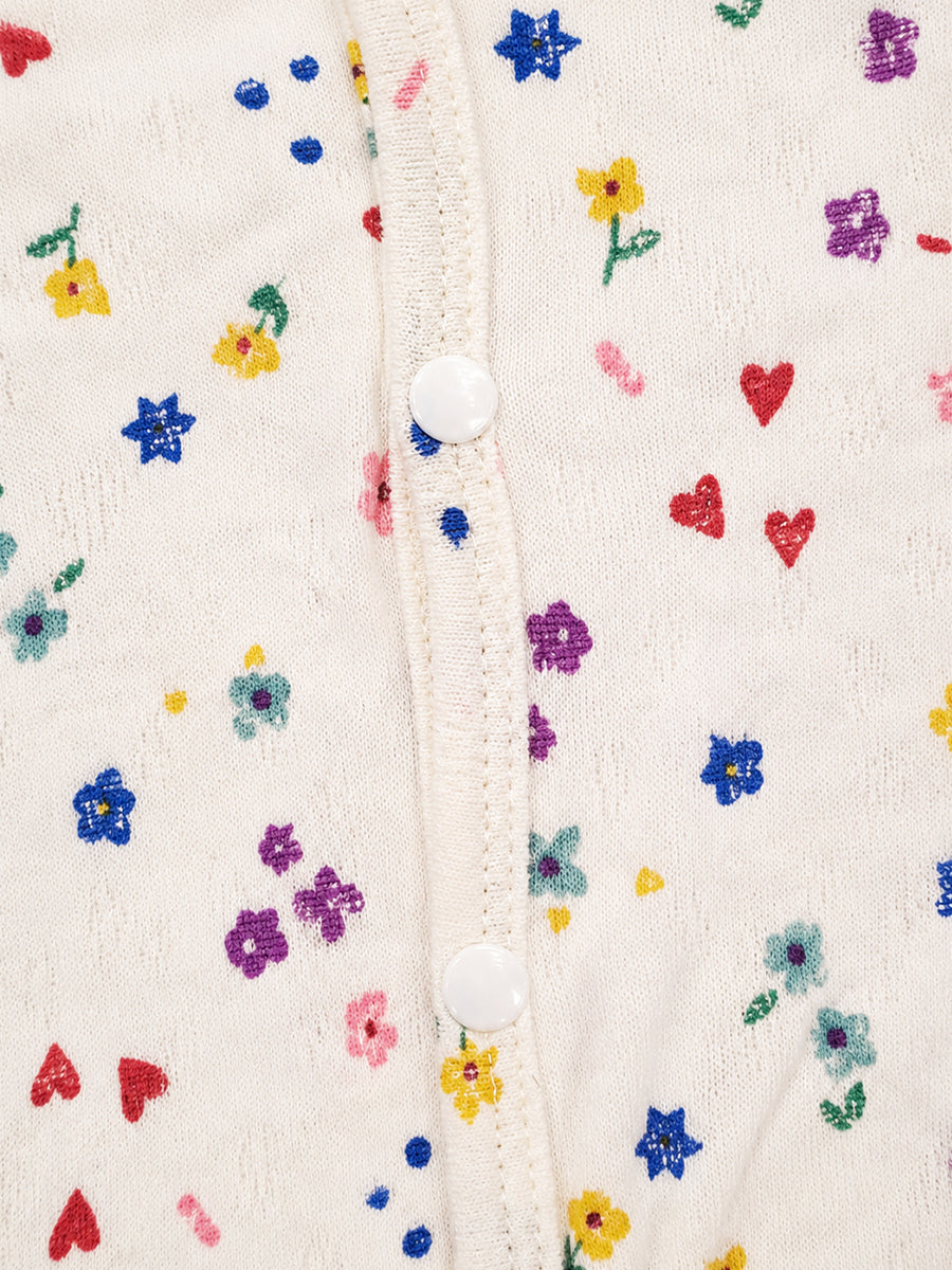Ziva Baby Jumpsuit – Off White | Tiny Garden Hearts & Flowers Print | Premium Needle-Hole Knitted Cotton | Front Open Snap Button