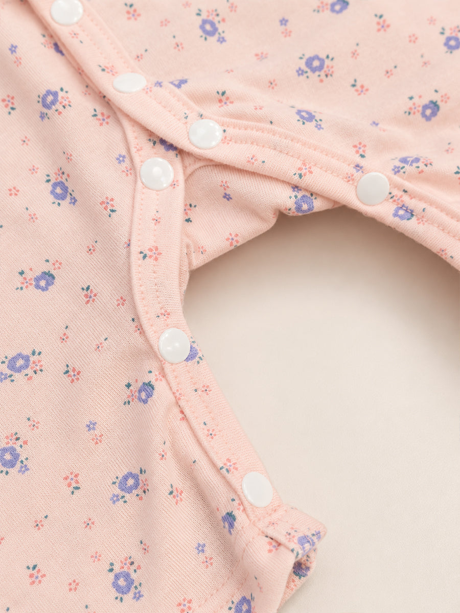 Ziva Baby Jumpsuit – Baby Rose Pink | Tiny Floral Blossom Print | Knitted Cotton | Front Open Snap Button