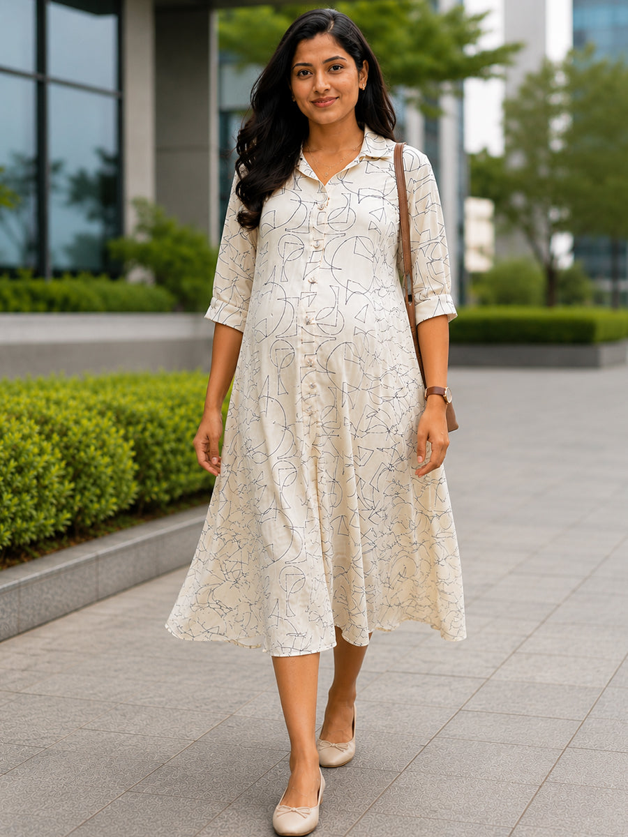 Ziva Maternity & Feeding Shirt Dress with Full Button Opening & Pocket – Beige Geometrical Print