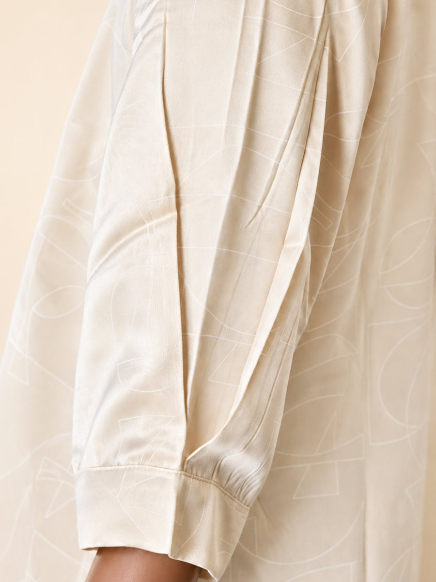 Ziva Maternity & Feeding Shirt Dress with Full Button Opening & Pocket – Beige with White Geometrical Print