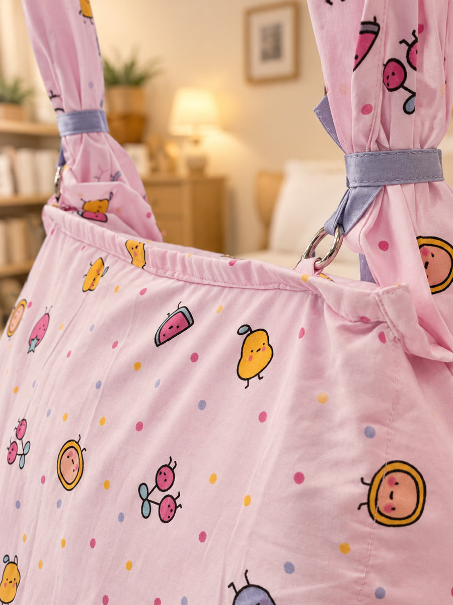 Ziva Multipurpose Cotton Baby Cradle with Bed & Convertible Swing Chair – Baby Pink Cartoon Fruit Print