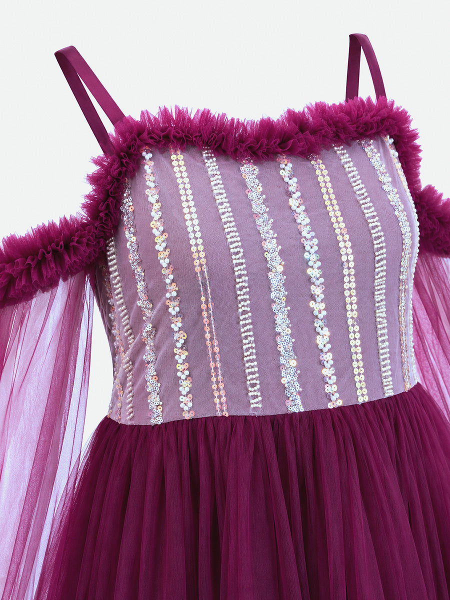 Ziva Maternity Photoshoot & Baby Shower Net Gown with Sequin Bodice & Flowing Cape Sleeves – Wine