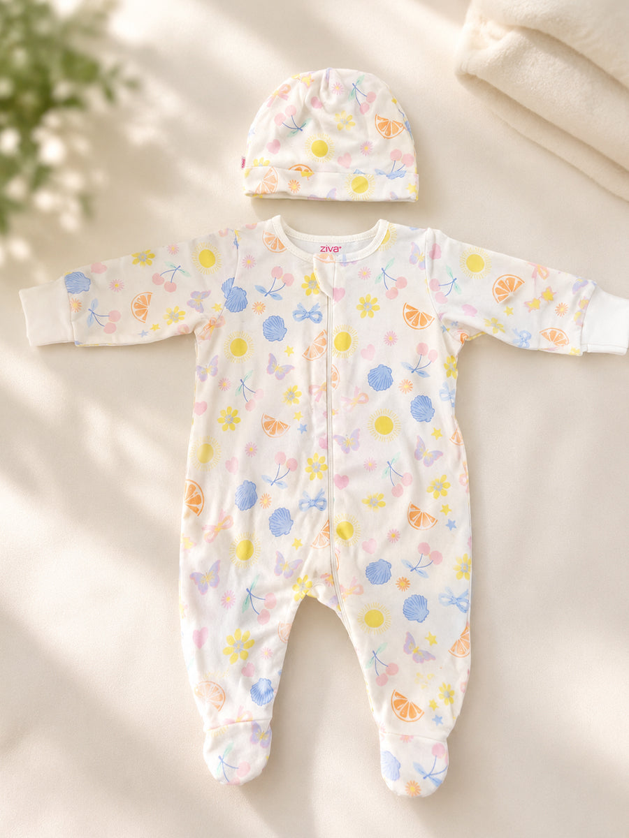 Ziva Baby Sleepsuit with Cap – Knitted Cotton Front Zip, Fold-Over Mittens & Integrated Booties | Pastel Coastal Bloom Print