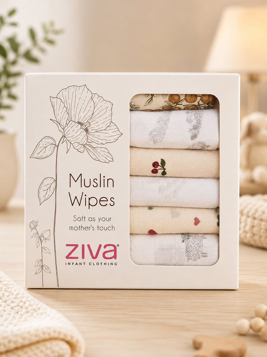 Ziva Baby Wipes – Double Layer Muslin Cotton | 9 × 9 Inch | Tiny Hearts Assorted Print Pack | 6 Pieces