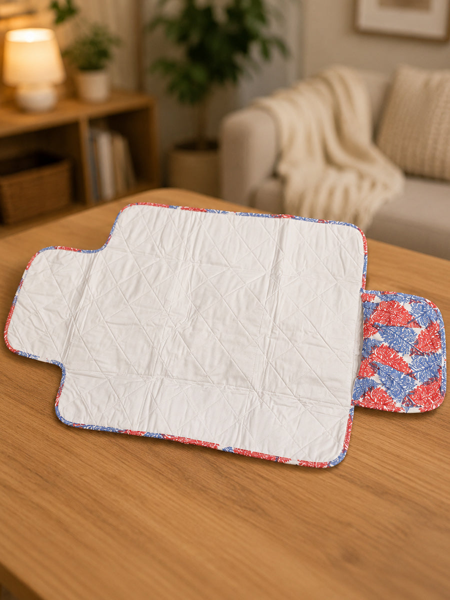 Ziva Baby Nappy & Diaper Changing Sheet – Foldable Travel Changing Mat with Storage Pocket | Coral Blue Blossom Print
