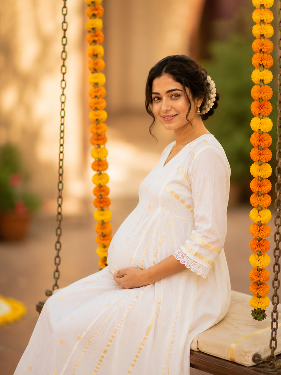 Ziva Onam Maternity & Feeding Dress | Onakodi | Light Cream Handloom Cotton with Gold Stripes | Invisible Feeding Zips & Side Pocket