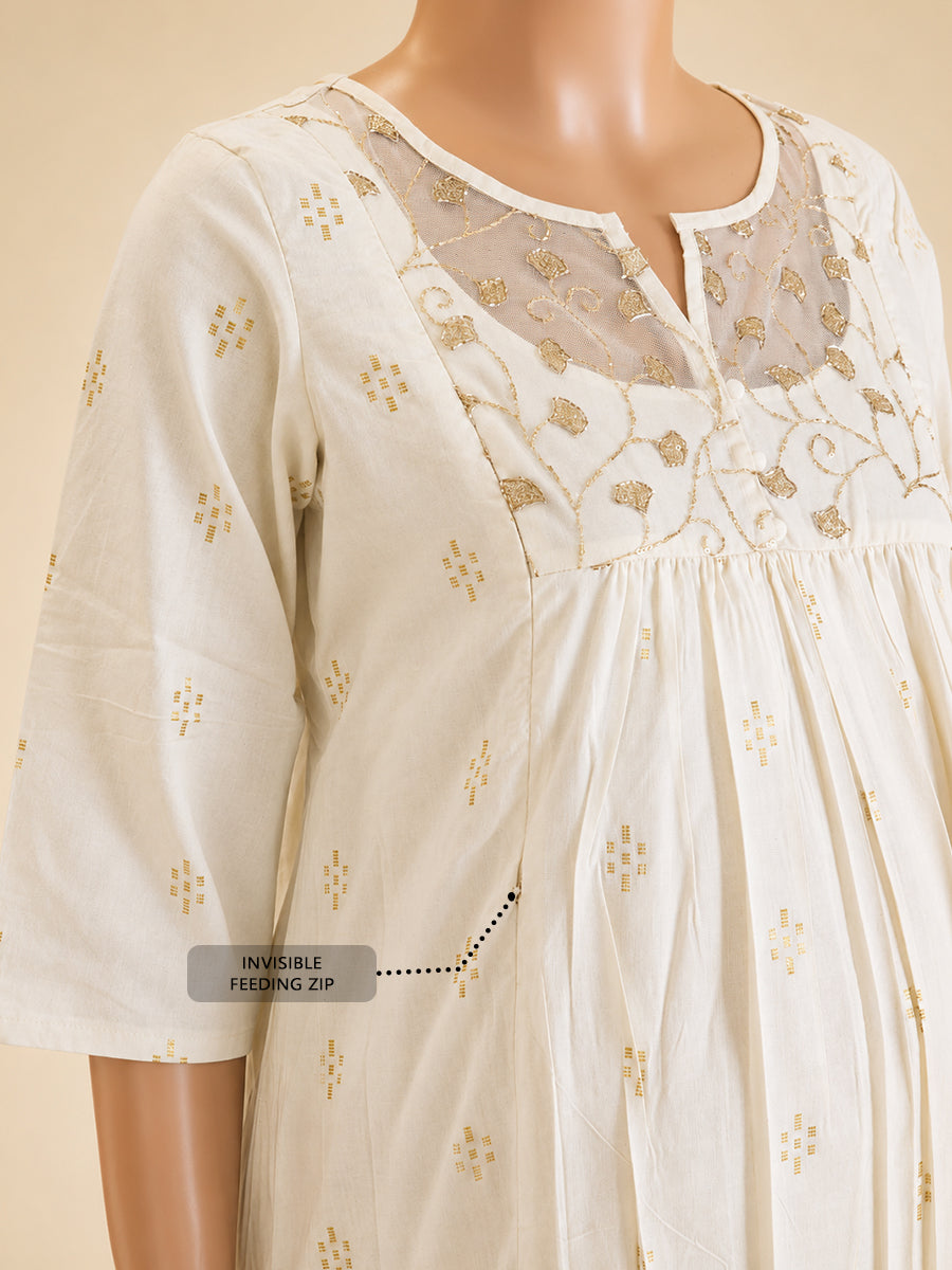 Ziva Onam Maternity & Feeding Dress | Onakodi | Light Cream Handloom Cotton with Designer Net Yoke | Invisible Feeding Zips & Side Pocket