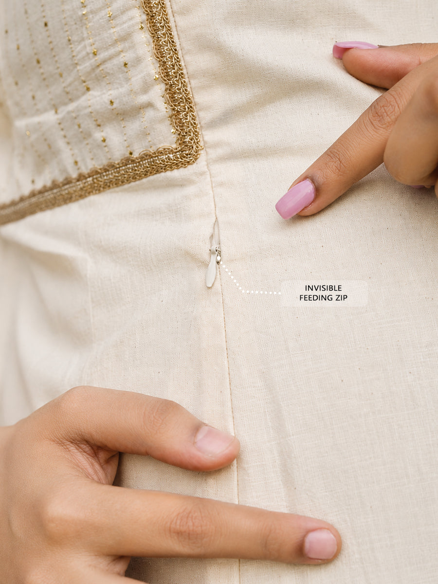 Ziva Onam Maternity & Feeding Dress | Onakodi | Light Cream Cotton with Festive Gold & Red Border | Invisible Feeding Zips & Side Pocket