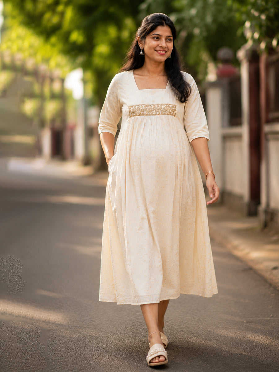 Ziva Onam Maternity & Feeding Dress | Onakodi | Light Cream Gold Butta Textured Cotton | Invisible Feeding Zips & Side Pocket