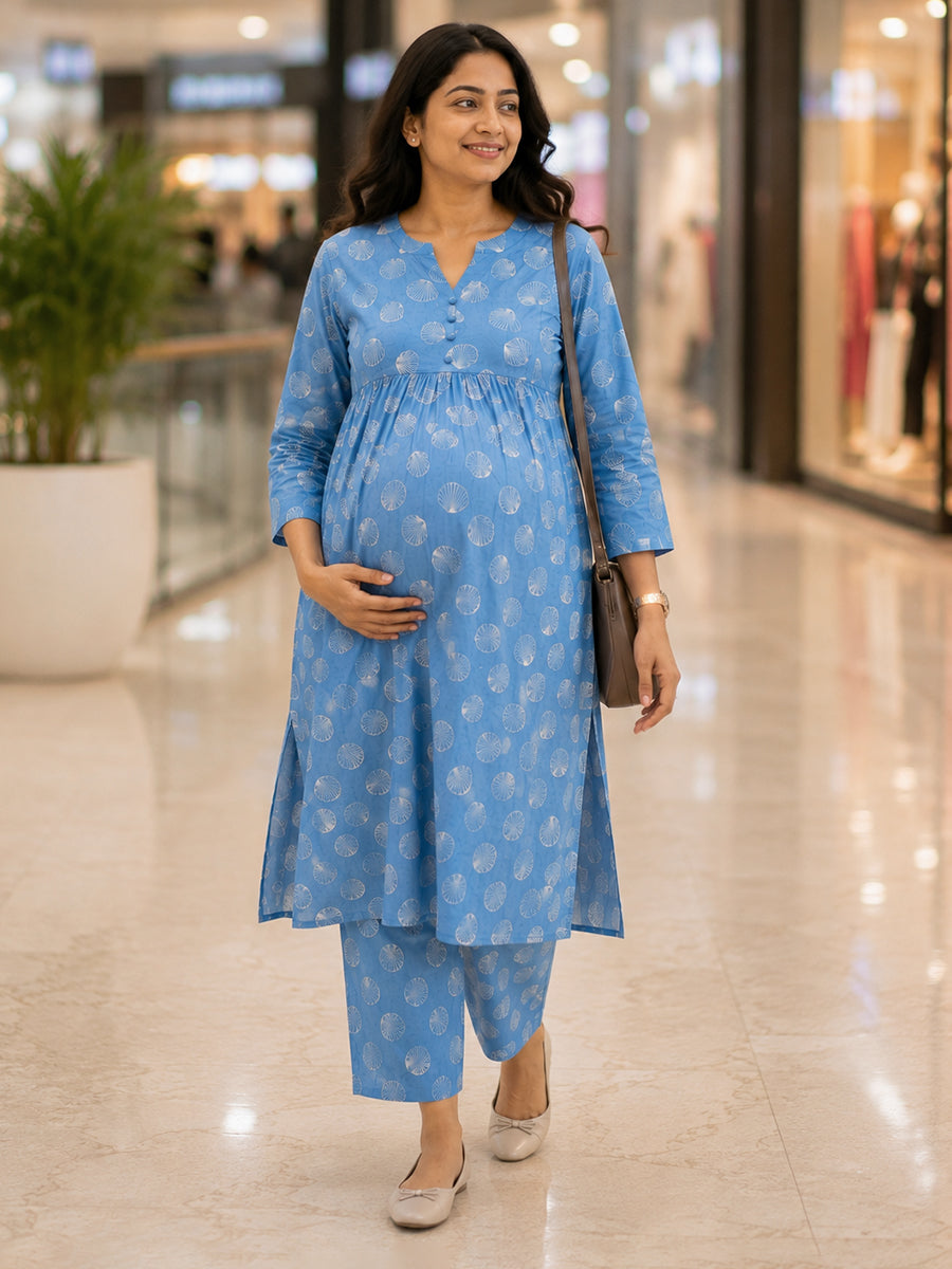 Ziva Maternity & Feeding Cotton Co-ord Set with Side Zips & Pockets – Teal Blue Seashell Print