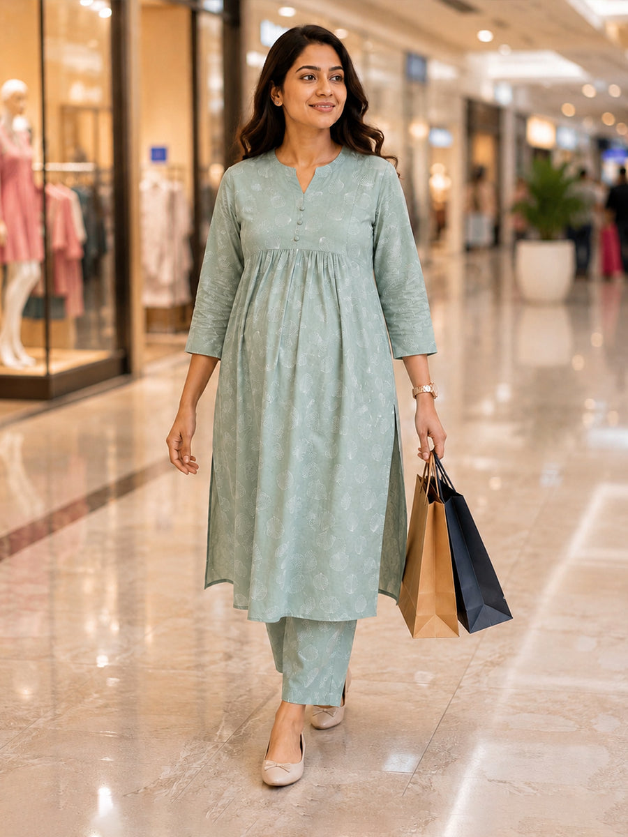 Ziva Maternity & Feeding Cotton Co-ord Set with Side Zips & Pockets – Pistachio Green Seashell Print