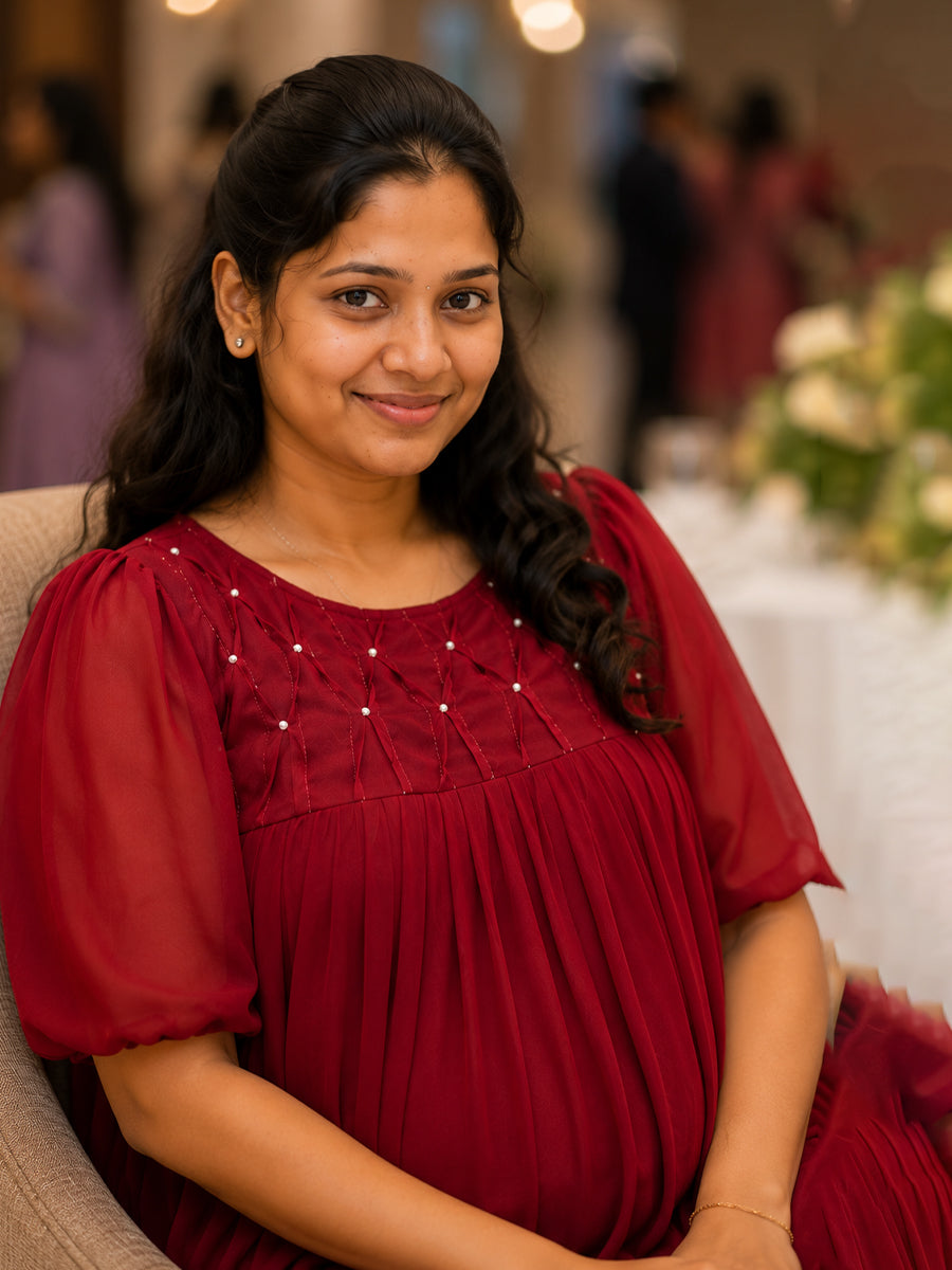 Ziva Maternity & Feeding Multipurpose Party Wear Dress – Dark Cherry Red | Concealed Feeding Zips