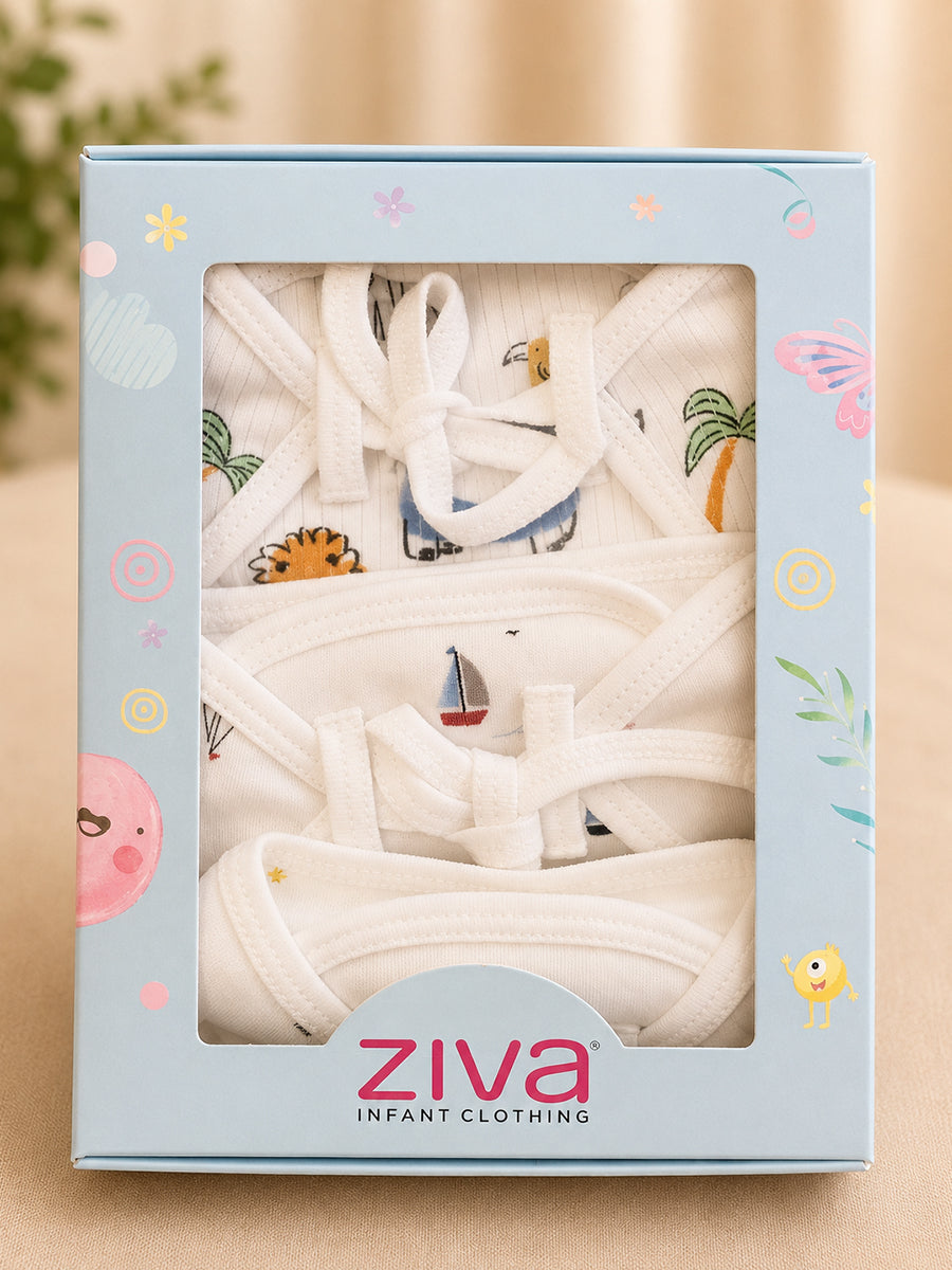 Ziva 3 Piece Nappy – Baby Boy | Premium Adjustable Tie Nappy | Knitted Cotton | Lightly Padded Attached Insert | Assorted Off-White Prints (Print Details: Check Product Description)