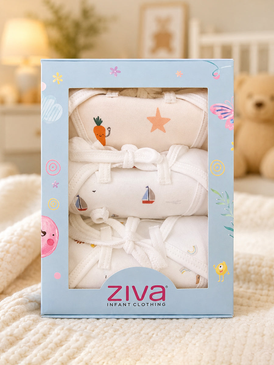 Ziva 3 Piece Nappy – Baby Boy | Premium Adjustable Tie Nappy | Knitted Cotton | Lightly Padded Attached Insert | Assorted White & Off-White Prints (Print Details: Check Product Description)