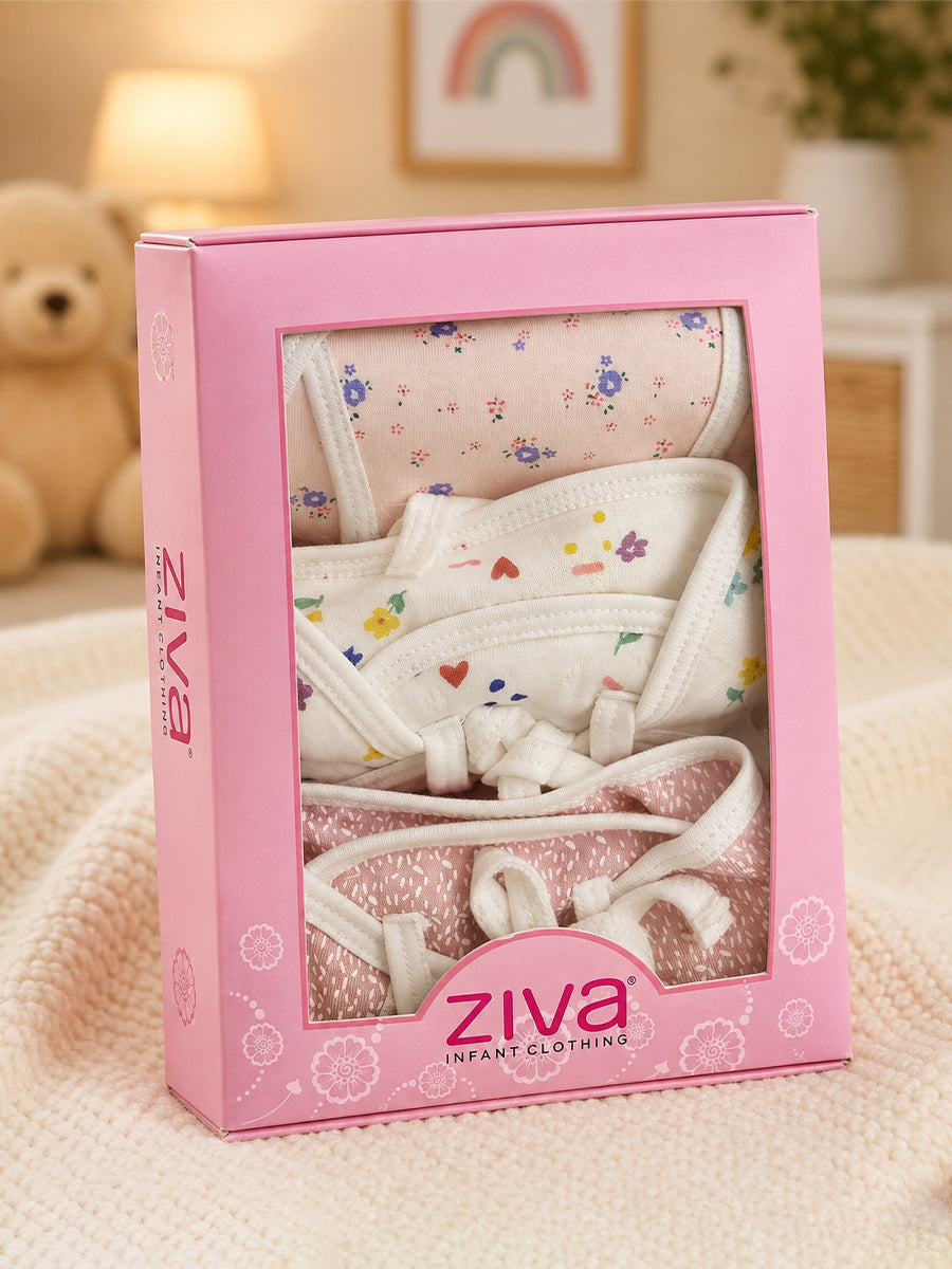 Ziva 3 Piece Nappy – Baby Girl | Premium Adjustable Tie Nappy | Knitted Cotton | Lightly Padded Attached Insert | Assorted Pink & Off-White Prints (Print Details: Check Product Description)