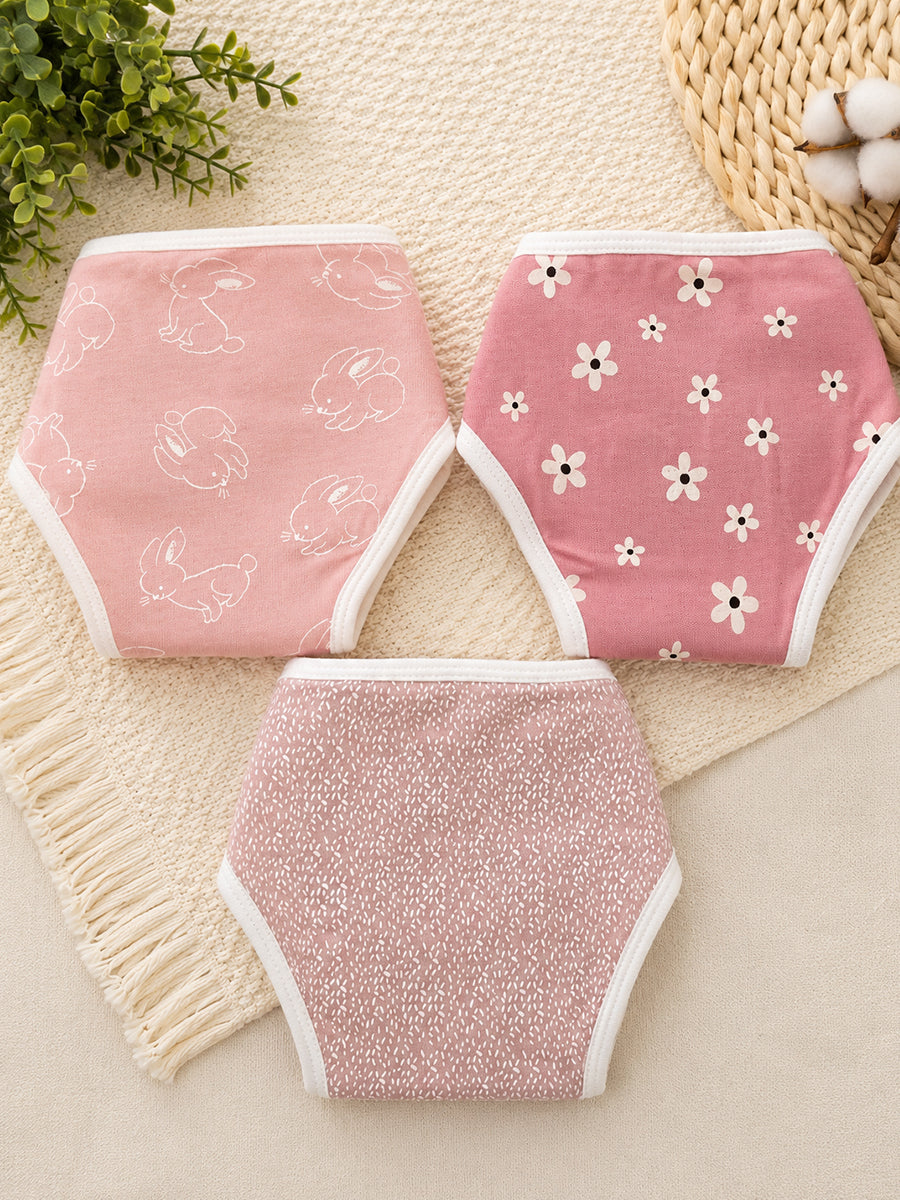Ziva 3 Piece Nappy – Baby Girl | Adjustable Tie Nappy | Knitted Cotton | Lightly Padded Attached Insert | Assorted Pink Colors & Prints (Print Details: Check Product Description)