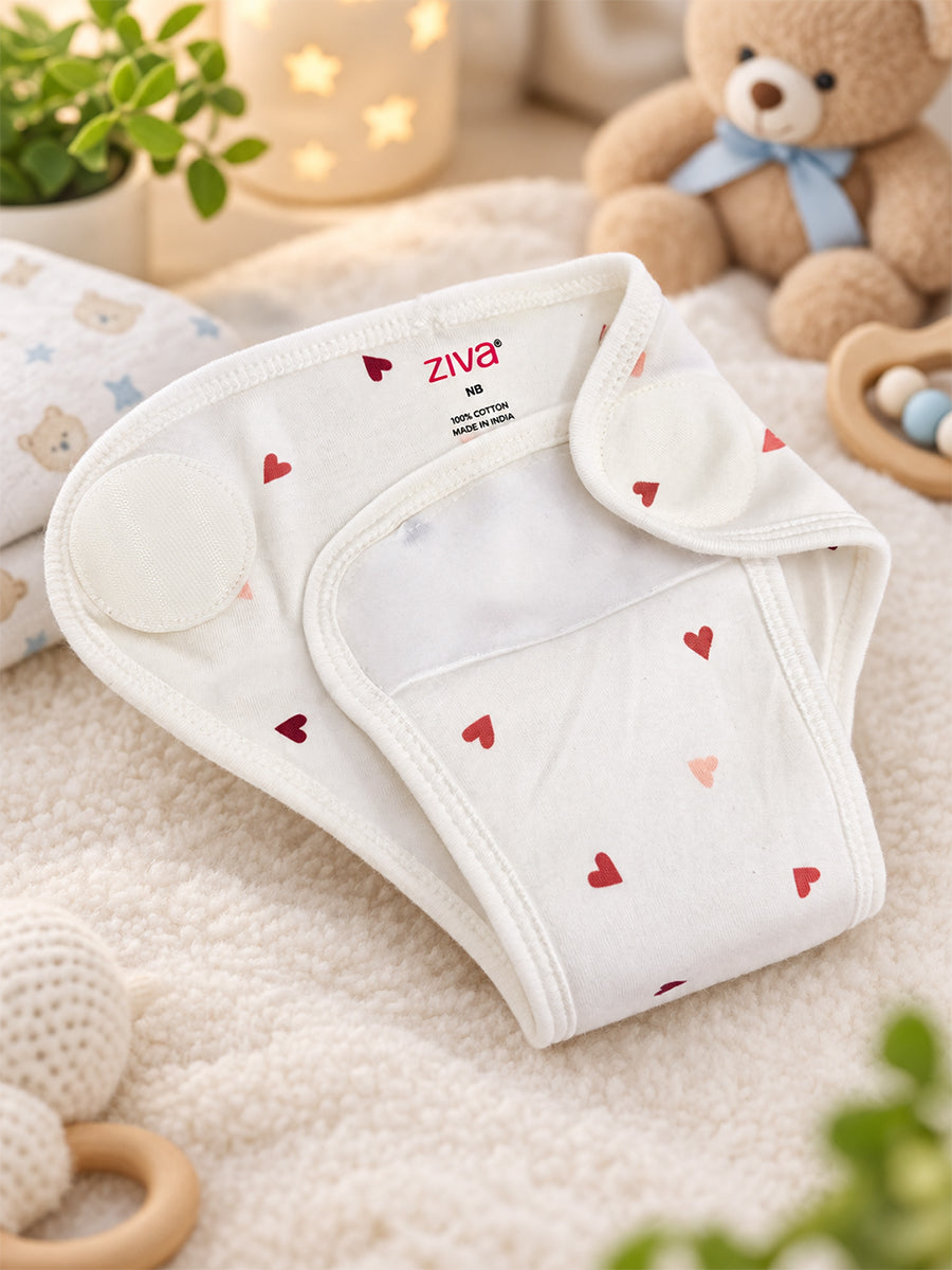 Ziva 3 Piece Velcro Nappy – Unisex | Premium Knitted Cotton | Lightly Padded Attached Insert | Assorted White, Off-White & Beige Prints
