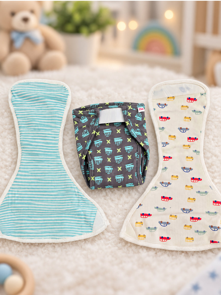 Ziva 3 Piece Velcro Nappy – Baby Boy | Premium Knitted Cotton | Lightly Padded Attached Insert | Assorted Blue, Charcoal & Off-White Prints