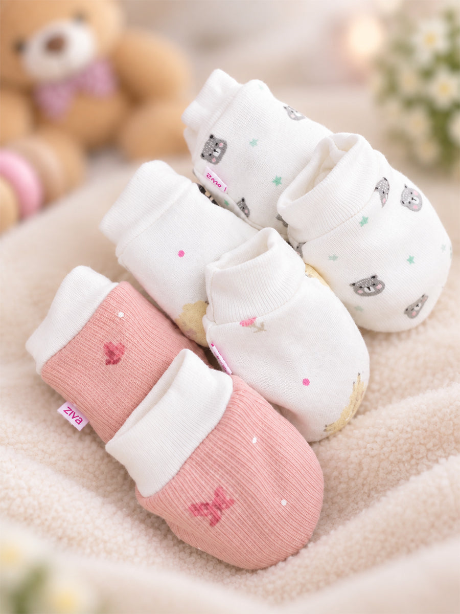 Ziva Premium Baby Mittens – Pack of 3 Pairs | Knitted Cotton | Assorted Baby Girl Prints – Character, Teddy & Bow Theme (Print & Colour Details: Check Product Description)